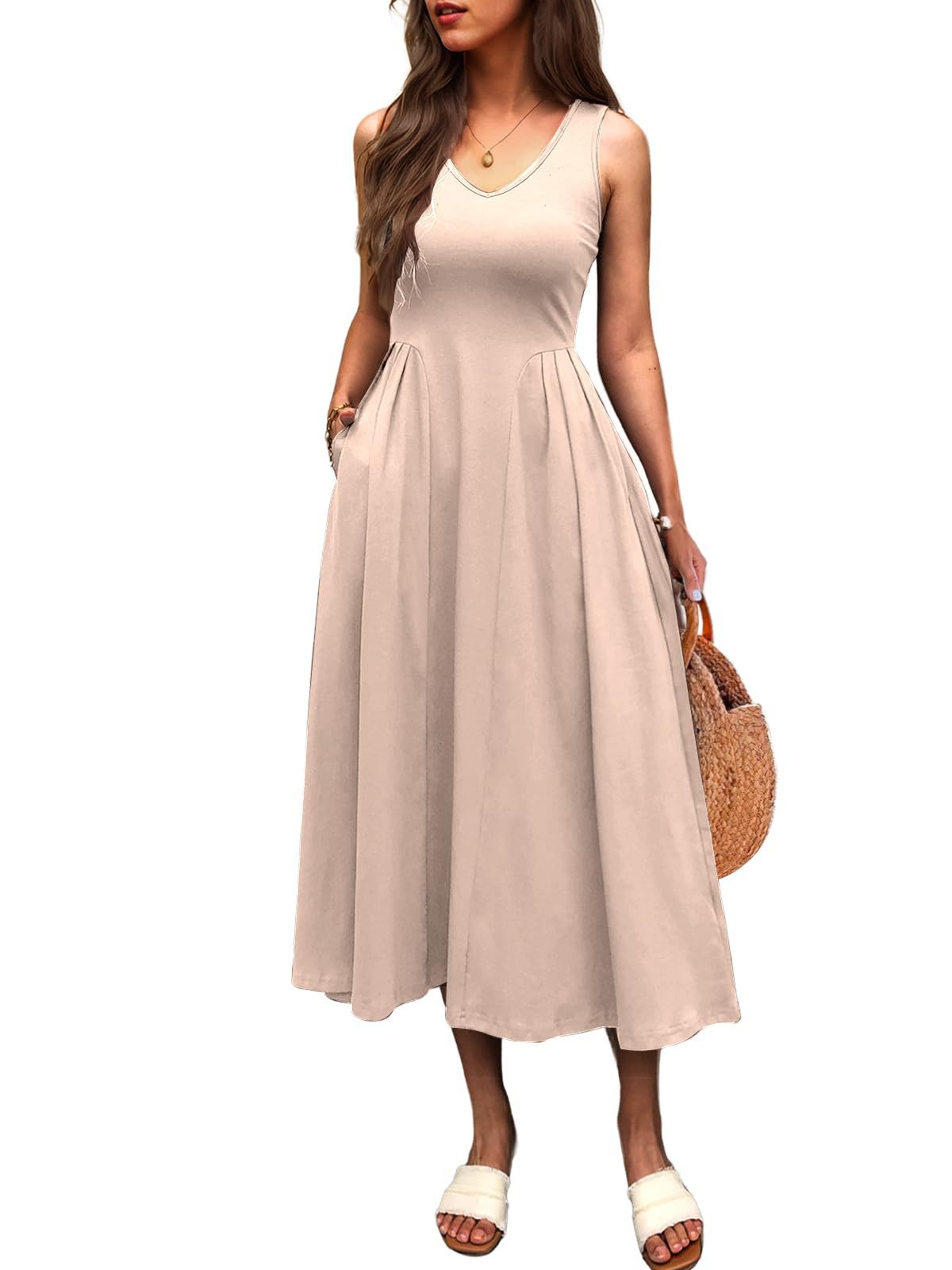 Elegant High-Waisted Pleated Pocket Long Sleeveless Dress in Solid Color for Spring and Summer
