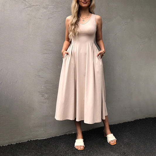 Elegant High-Waisted Pleated Pocket Long Sleeveless Dress in Solid Color for Spring and Summer