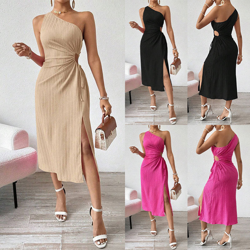 Chic Asymmetrical Off-Shoulder High-Slit Dress with Waist Cutout, Fashionable and Stylish for Women