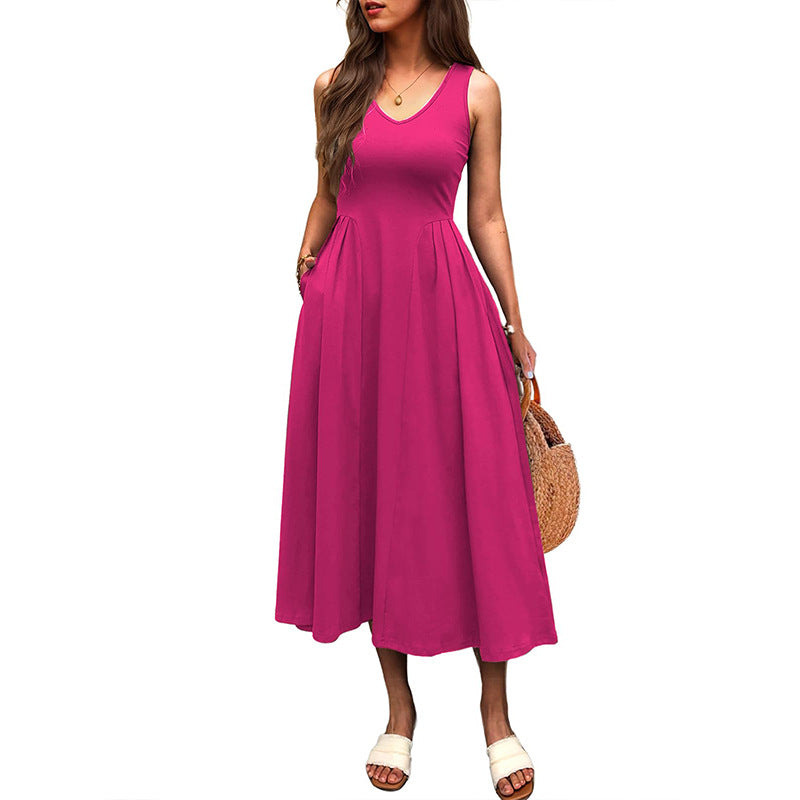 Elegant High-Waisted Pleated Pocket Long Sleeveless Dress in Solid Color for Spring and Summer