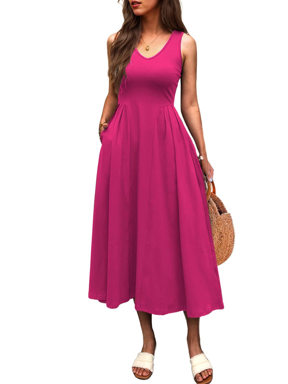 Elegant High-Waisted Pleated Pocket Long Sleeveless Dress in Solid Color for Spring and Summer