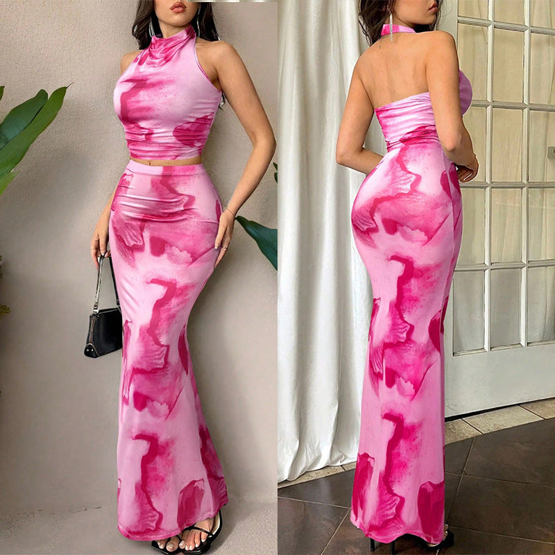 Sexy Printed Halter Neck Backless Crop Top + High-Waisted Fitted Long Skirt Two-Piece Set