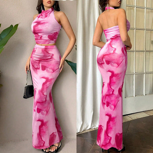 Sexy Printed Halter Neck Backless Crop Top + High-Waisted Fitted Long Skirt Two-Piece Set