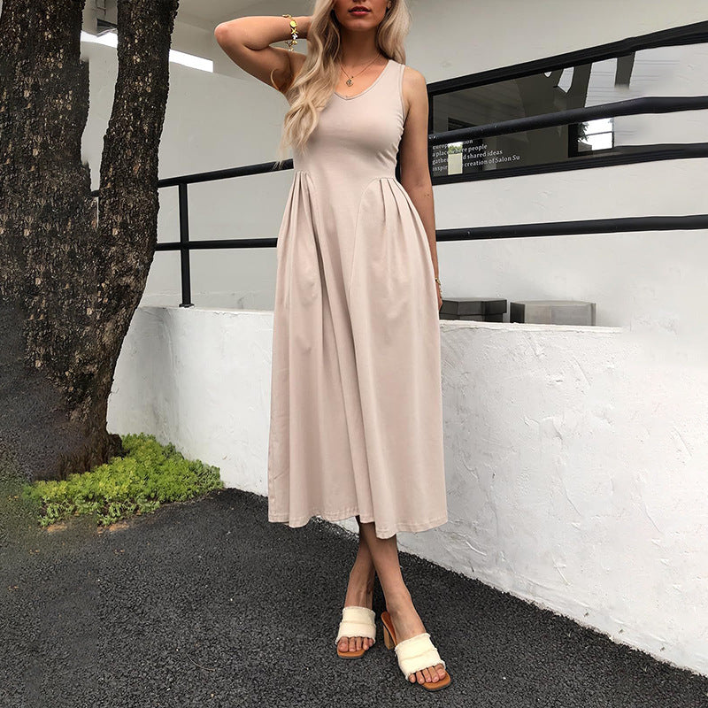 Elegant High-Waisted Pleated Pocket Long Sleeveless Dress in Solid Color for Spring and Summer