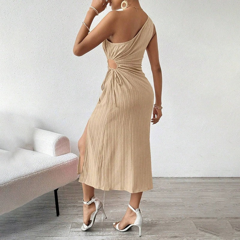 Chic Asymmetrical Off-Shoulder High-Slit Dress with Waist Cutout, Fashionable and Stylish for Women