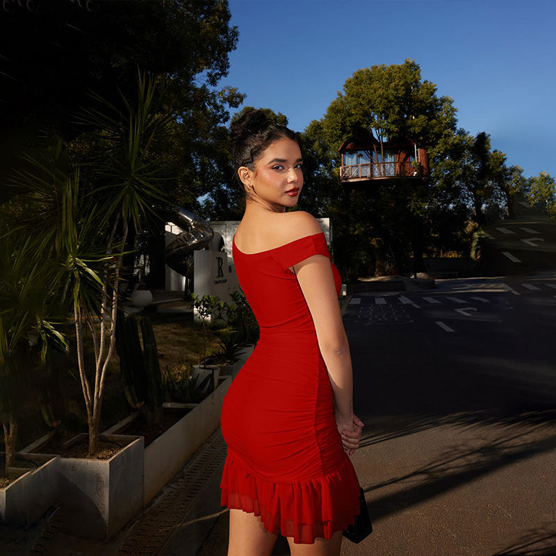 Elegant Women's Off-Shoulder Solid Color Lace Trim Dress