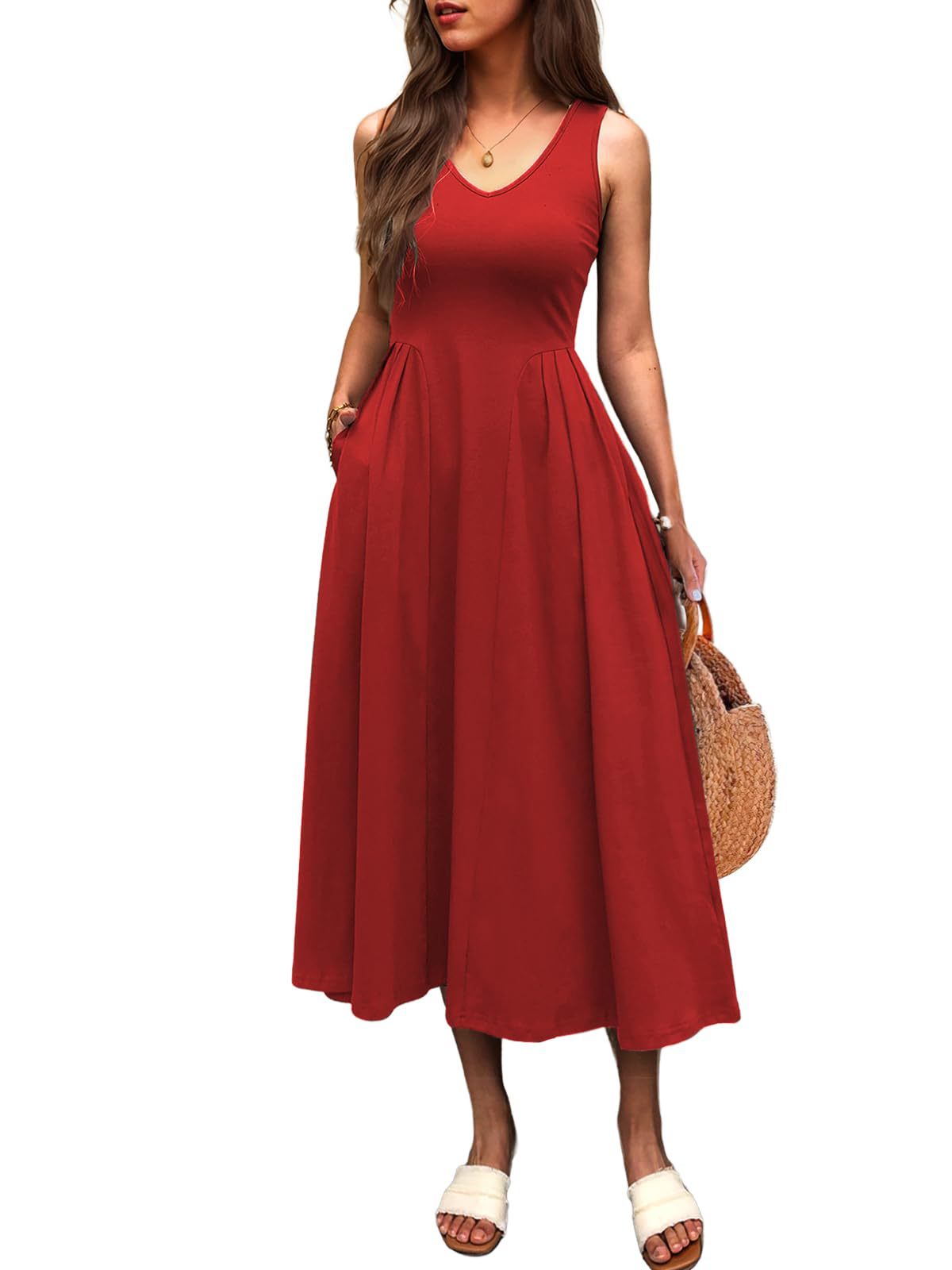 Elegant High-Waisted Pleated Pocket Long Sleeveless Dress in Solid Color for Spring and Summer
