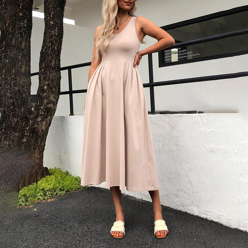 Elegant High-Waisted Pleated Pocket Long Sleeveless Dress in Solid Color for Spring and Summer