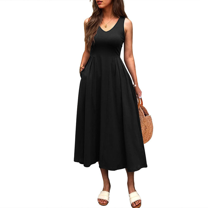 Elegant High-Waisted Pleated Pocket Long Sleeveless Dress in Solid Color for Spring and Summer